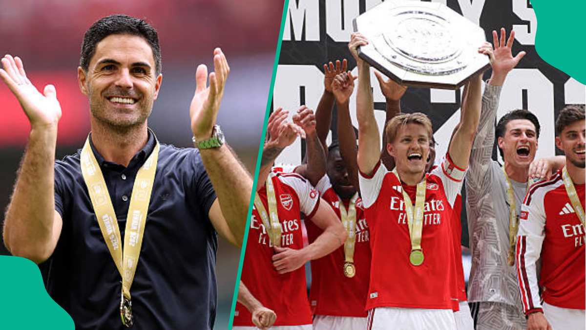 Mikel Arteta reacts after Arsenal beat Manchester City 3:0 to win Community Shield